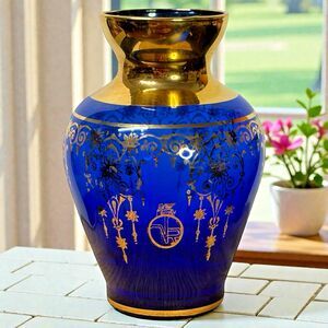 Vintage Vecchia Murano Italy Art Glass Vase VR Mark Cobalt Blue w/24K Gold Trim
